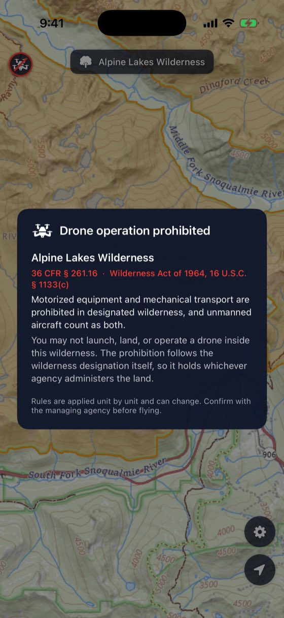 Keep Wild at Melakwa Lake in the Alpine Lakes Wilderness, quoting the rule that closes it to drones: 36 CFR 261.16 and the Wilderness Act of 1964.