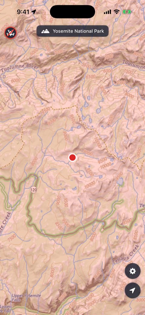 Yosemite National Park shaded red-orange across the topographic map, named at the top of the screen.