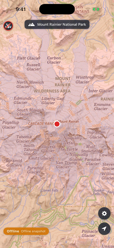 The map in airplane mode, showing an Offline, Offline snapshot badge at the bottom left and Mount Rainier National Park named at the top.