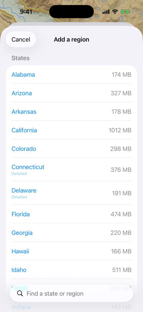 The Add a region screen, listing states alphabetically with size estimates.