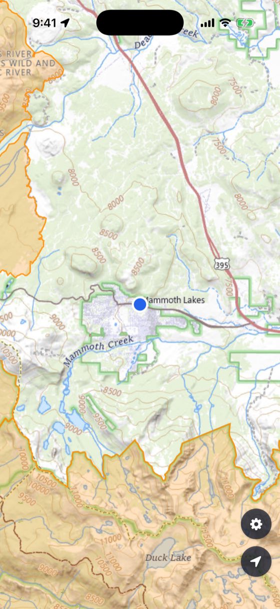 The map near Mammoth Lakes, with protected land shaded further up the valley but nothing shaded where the user is standing.