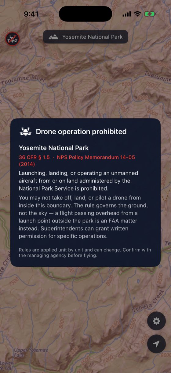 Keep Wild quoting the rule for Yosemite National Park: 36 CFR 1.5 and NPS Policy Memorandum 14-05, with a plain-English explanation beneath it.