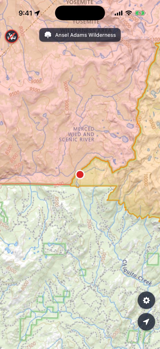 The map shaded orange across the Ansel Adams Wilderness, with a prohibition marker in the corner and the wilderness named at the top.